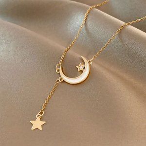 White Half Moon & Falling Star White Rhinestone Stainless Steel Necklace